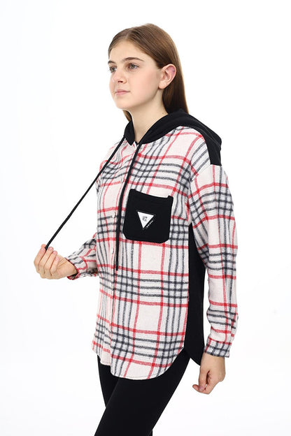 Girl's Garnished Hooded Plaid Shirt 9-14 Years Lx265