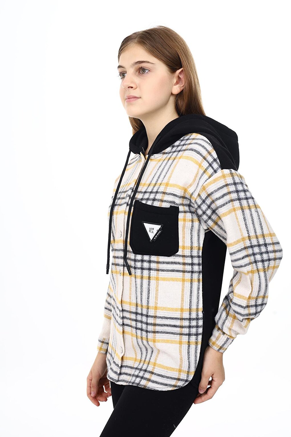 Girl's Garnished Hooded Plaid Shirt 9-14 Years Lx265