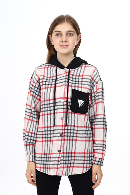 Girl's Garnished Hooded Plaid Shirt 9-14 Years Lx265