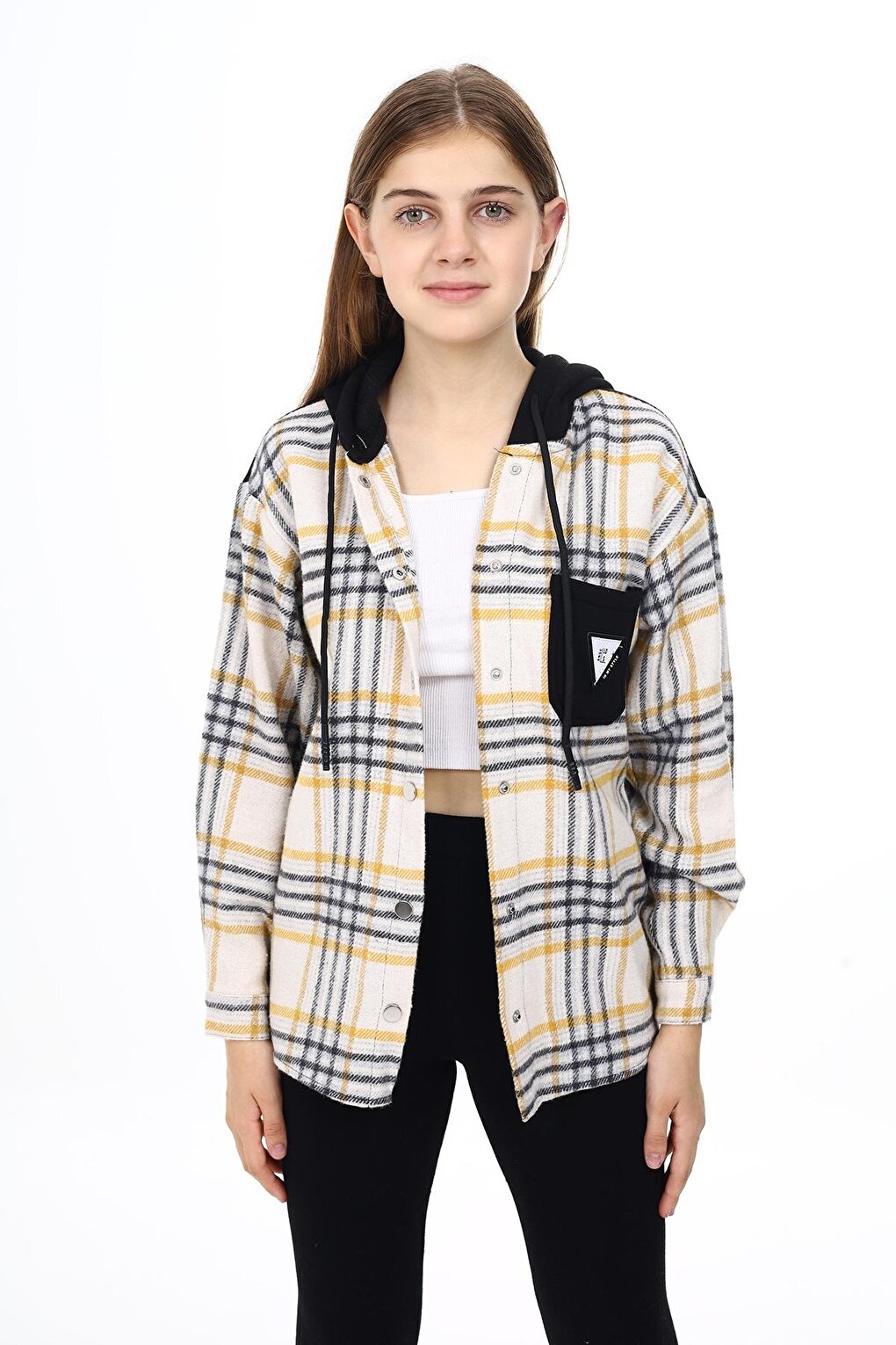 Girl's Garnished Hooded Plaid Shirt 9-14 Years Lx265