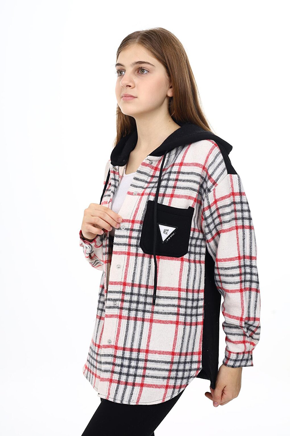 Girl's Garnished Hooded Plaid Shirt 9-14 Years Lx265