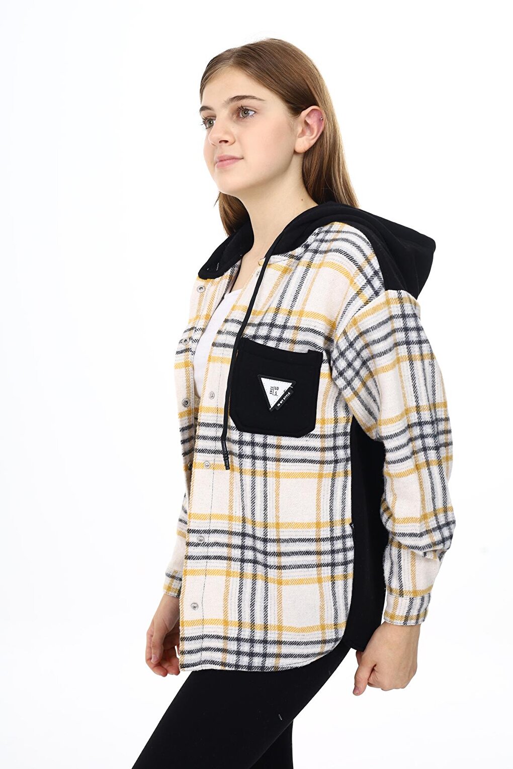 Girl's Garnished Hooded Plaid Shirt 9-14 Years Lx265