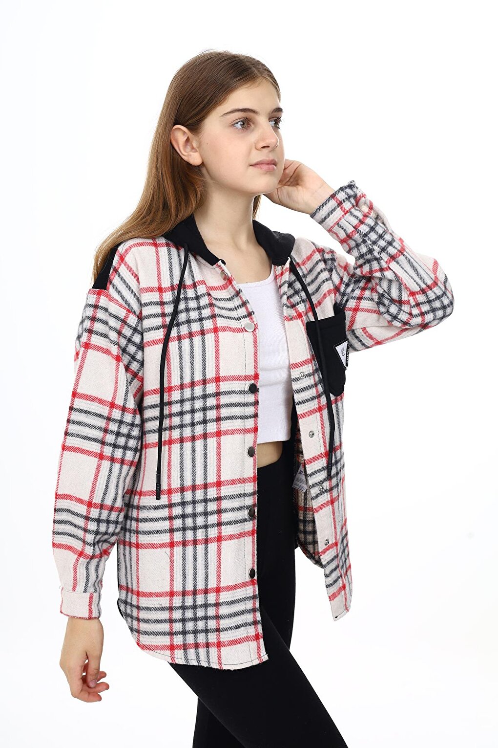 Girl's Garnished Hooded Plaid Shirt 9-14 Years Lx265