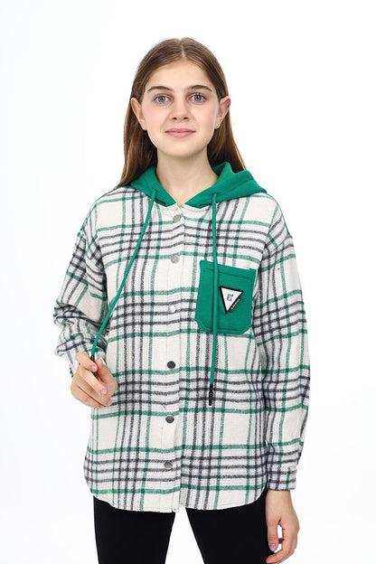 Girl's Garnished Hooded Plaid Shirt 9-14 Years Lx265