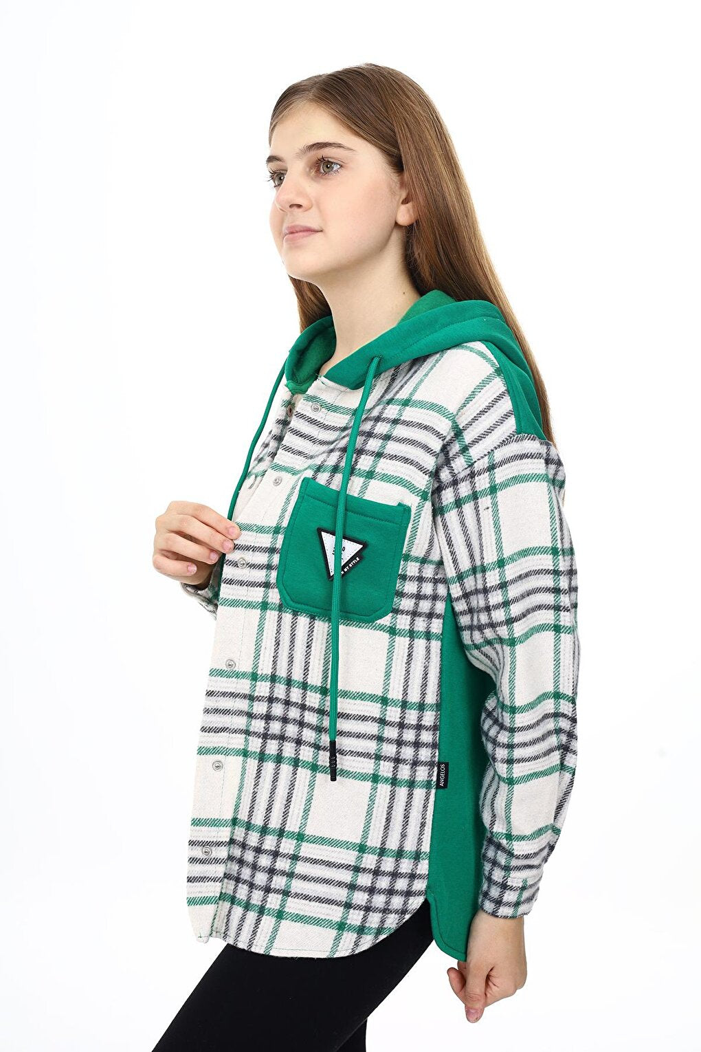 Girl's Garnished Hooded Plaid Shirt 9-14 Years Lx265