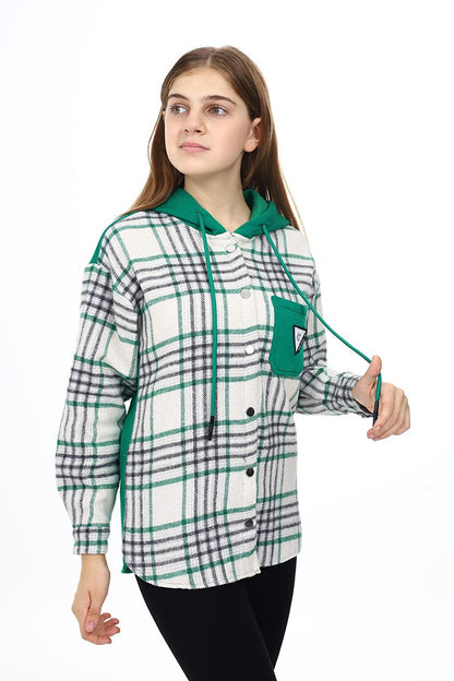 Girl's Garnished Hooded Plaid Shirt 9-14 Years Lx265