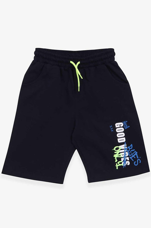 Boy's Shorts Text Printed Navy Blue (Ages 8-12)