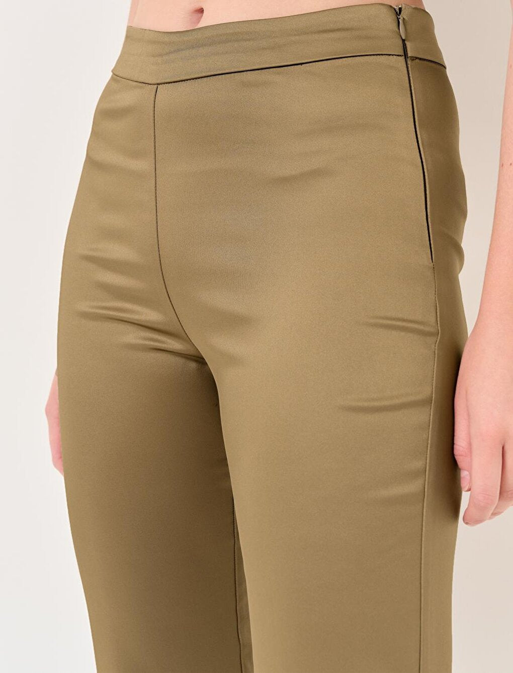 Oil Green High Waist Straight Leg Stylish Satin Trousers