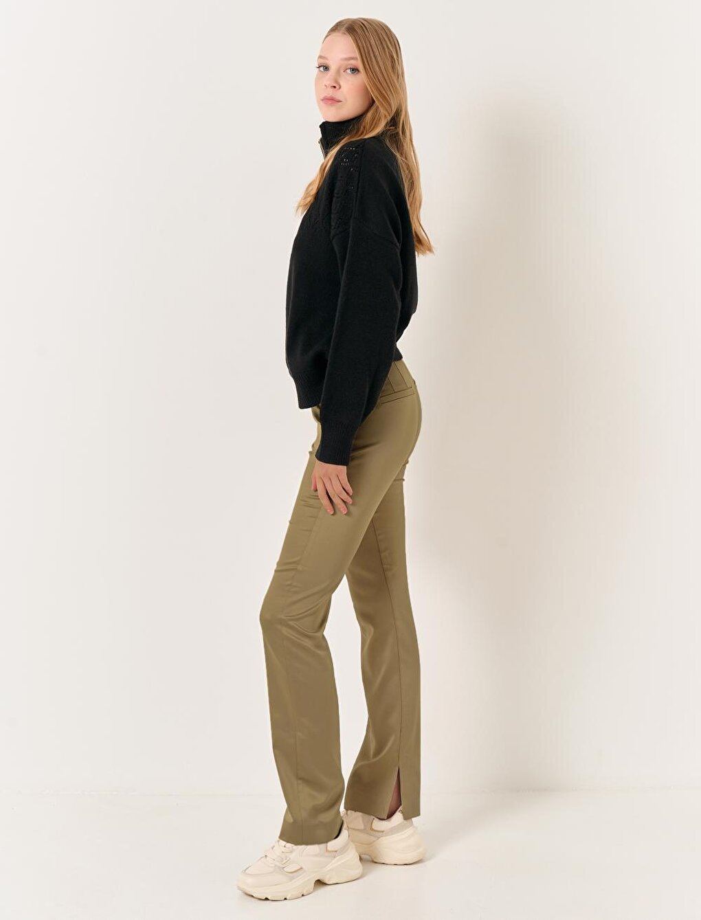 Oil Green High Waist Straight Leg Stylish Satin Trousers