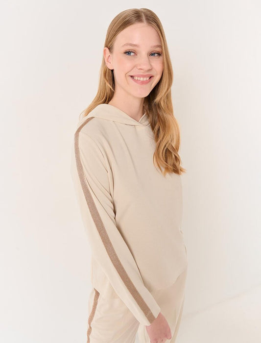 Beige Hooded Comfortable Sweatshirt with Stripe Detail