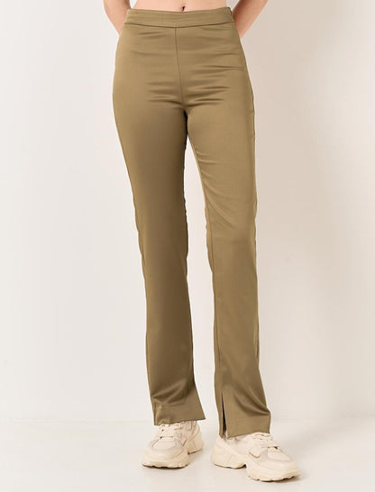 Oil Green High Waist Straight Leg Stylish Satin Trousers