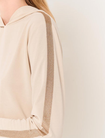 Beige Hooded Comfortable Sweatshirt with Stripe Detail