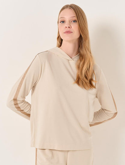 Beige Hooded Comfortable Sweatshirt with Stripe Detail