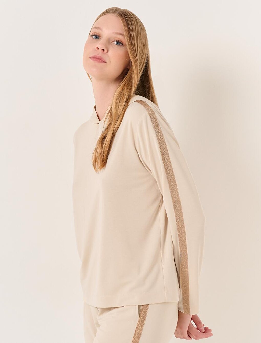 Beige Hooded Comfortable Sweatshirt with Stripe Detail