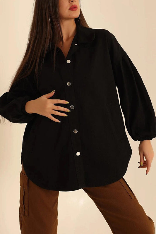 Women's Black Oversize Gabardine Metal Buttoned Elastic Wrist Jacket HZL23W-BD106841