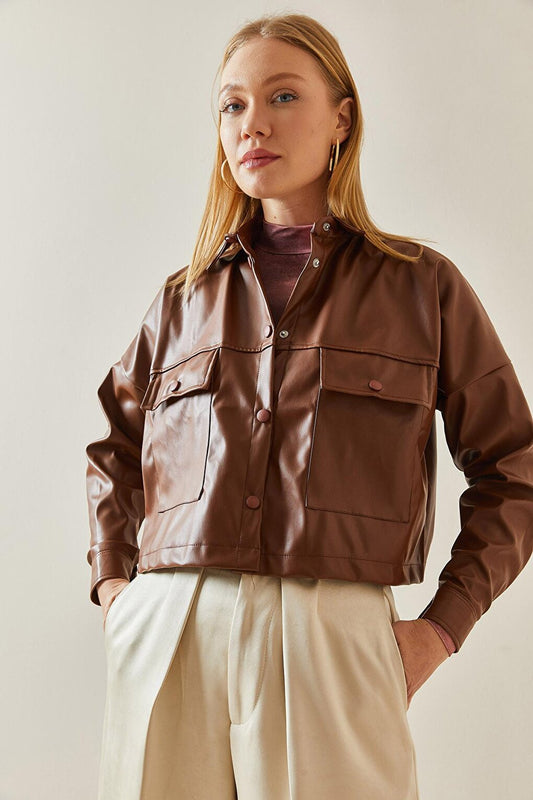 Brown Snap Button Leather Crop Shirt 4KXK2-47891-18