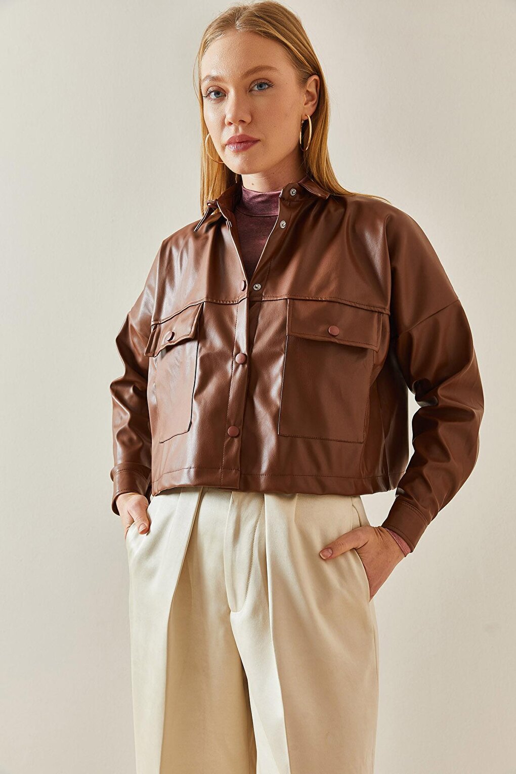 Brown Snap Button Leather Crop Shirt 4KXK2-47891-18