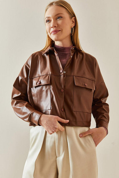 Brown Snap Button Leather Crop Shirt 4KXK2-47891-18