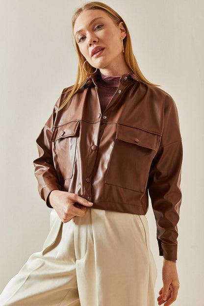 Brown Snap Button Leather Crop Shirt 4KXK2-47891-18