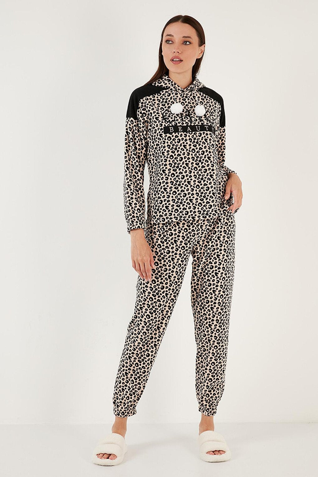 Leopard Patterned Hooded Regular Fit Polar Pajama Set 6571003