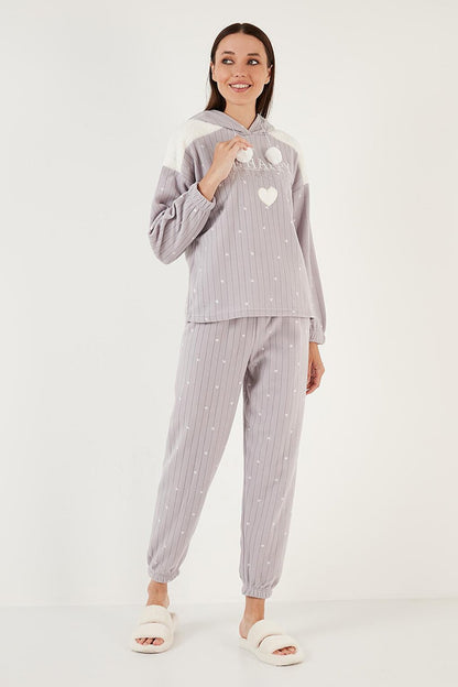 Patterned Regular Fit Hooded Fleece Pajama Set 6571002