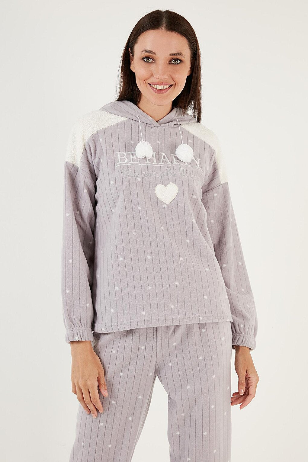 Patterned Regular Fit Hooded Fleece Pajama Set 6571002