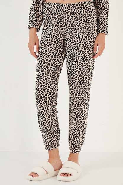 Leopard Patterned Hooded Regular Fit Polar Pajama Set 6571003