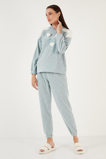 Patterned Regular Fit Hooded Fleece Pajama Set 6571002