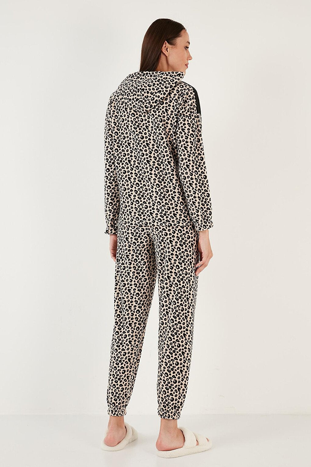 Leopard Patterned Hooded Regular Fit Polar Pajama Set 6571003