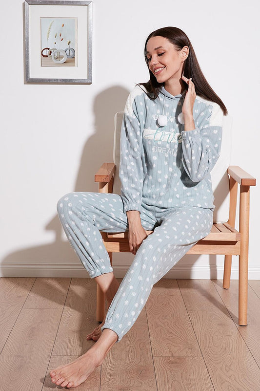 Patterned Regular Fit Hooded Fleece Pajama Set 6571001