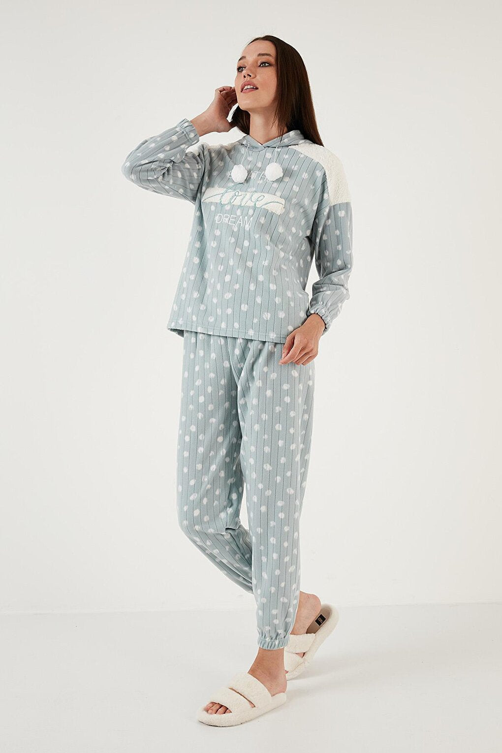 Patterned Regular Fit Hooded Fleece Pajama Set 6571001