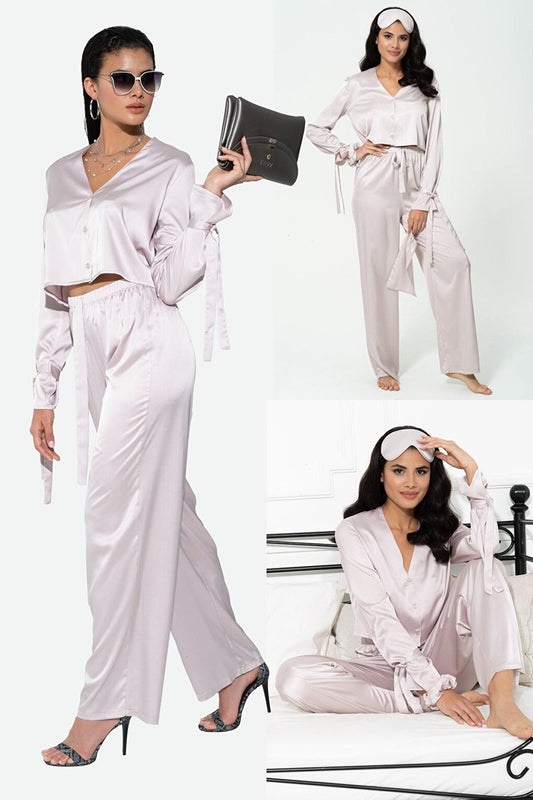 5-Piece Inside &amp; Outside Gray Pajama Set with Sleeve Tie Detail