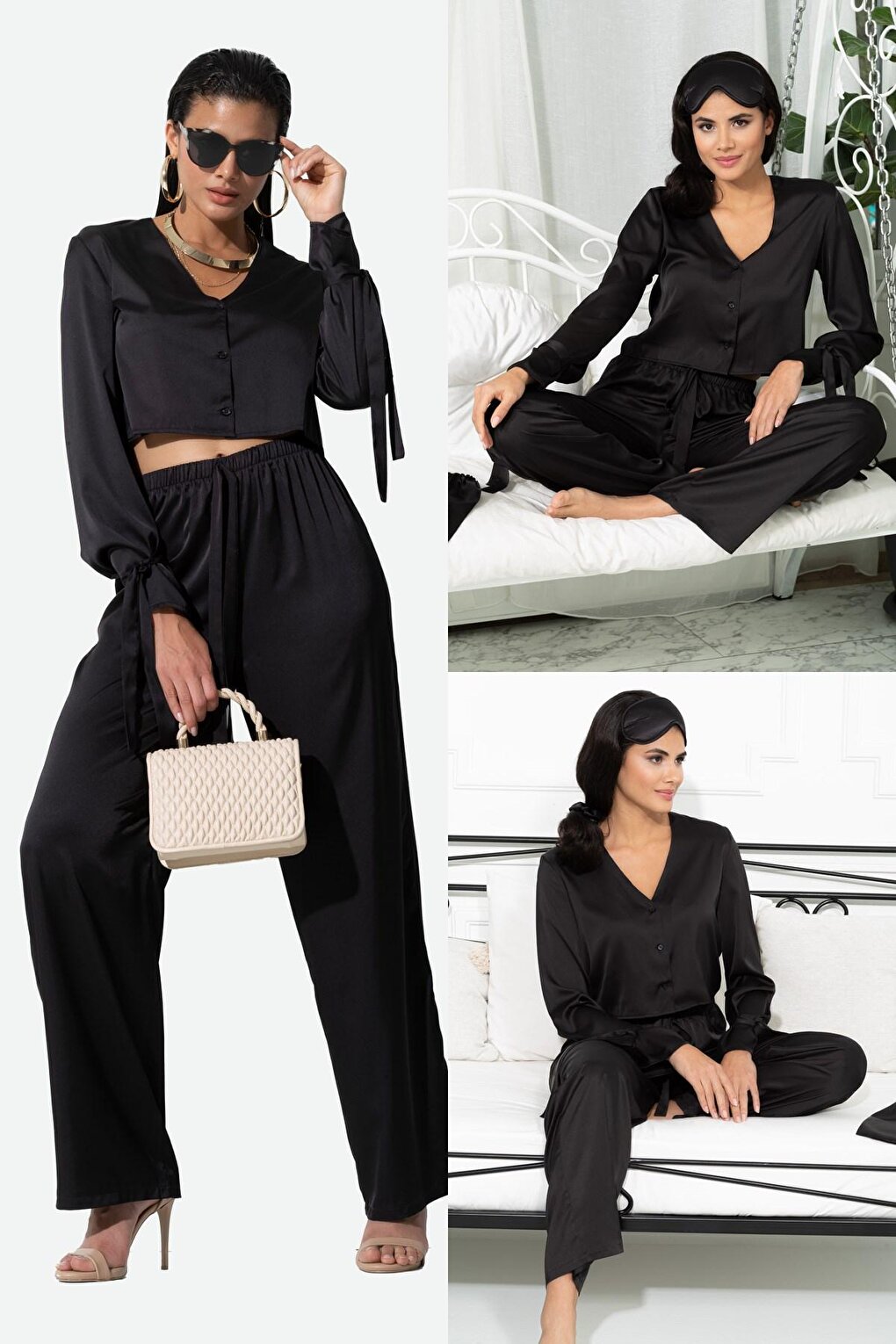 5-Piece Inside &amp; Outside Black Pajama Set with Sleeve Tie Detail