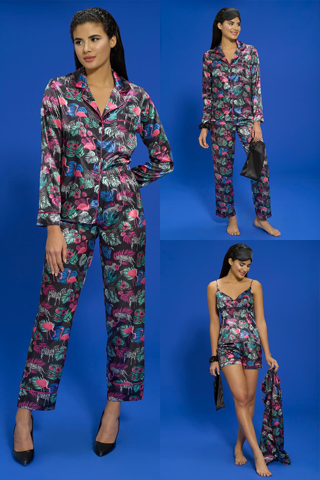 7-Piece Tiger Flamingo Patterned Green Pajama Set