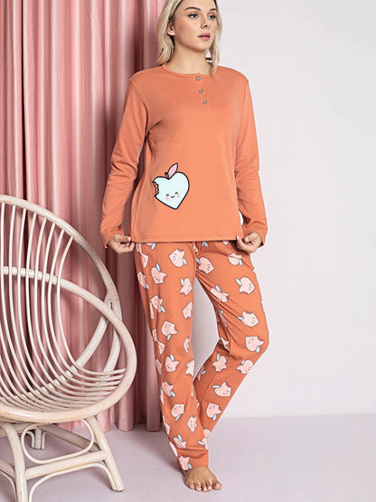 Women's Pajama Set Young Interlock Apple Patterned Cotton Seasonal W20472254