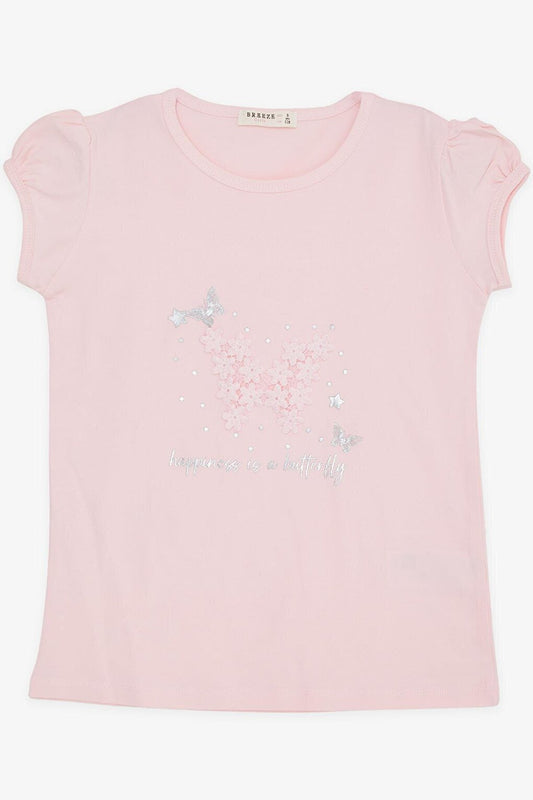 Girl's T-Shirt Butterfly Printed Embroidered Pink (4-7 Years)