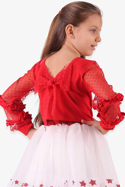 Girl's Tulle Bodysuit Red with Bow (6-14 Years)