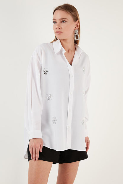 Cotton Shiny Stone Detailed Oversize Fit Shirt 6234784