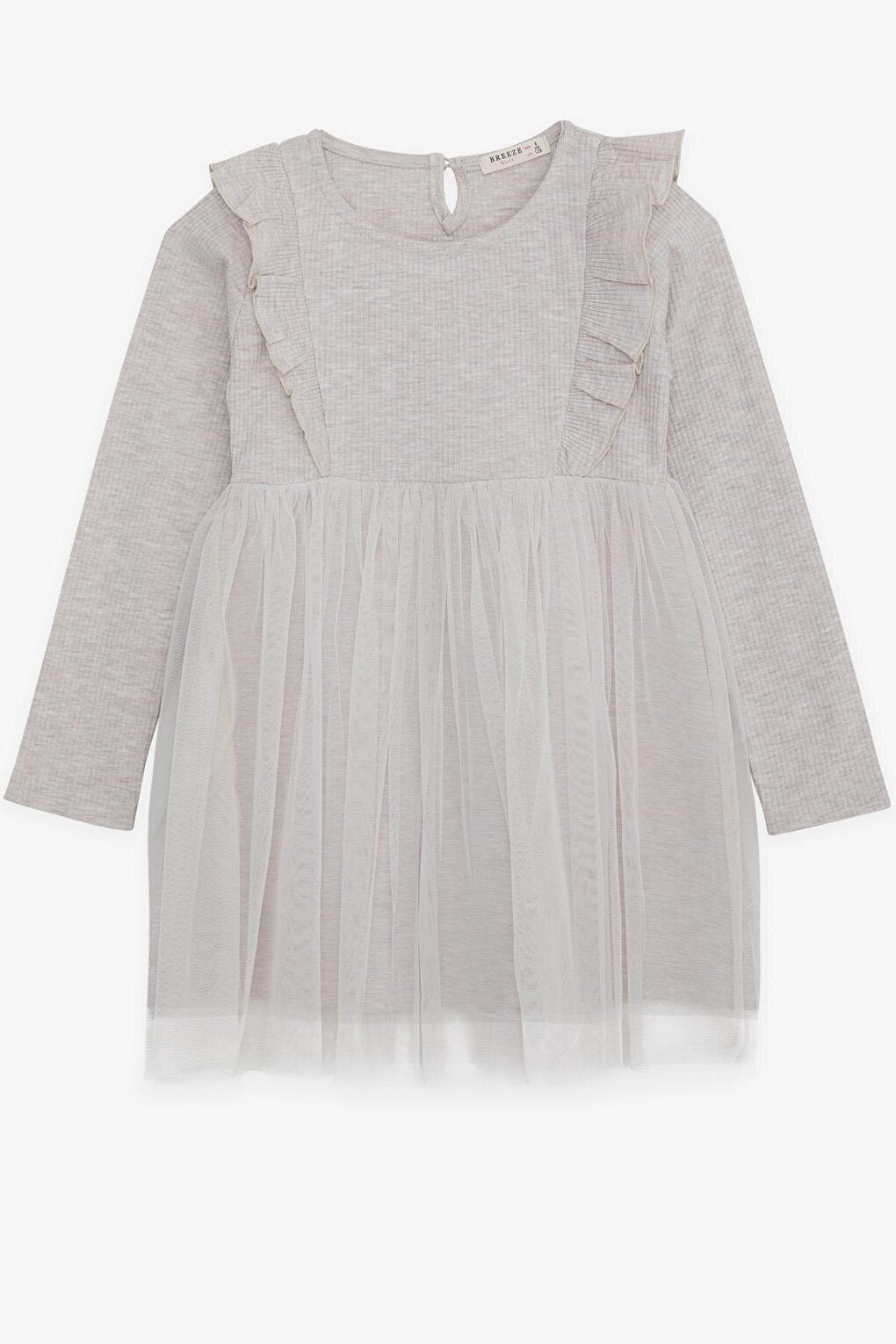 Girl's Long Sleeve Dress Ruffled Shoulder Tulle Beige Melange (Age 4-8)