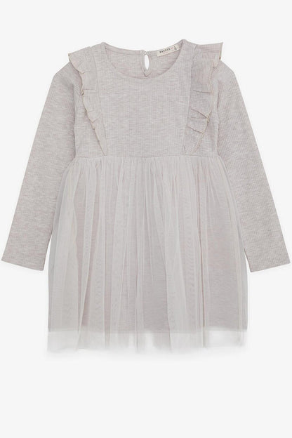 Girl's Long Sleeve Dress Ruffled Shoulder Tulle Beige Melange (Age 4-8)