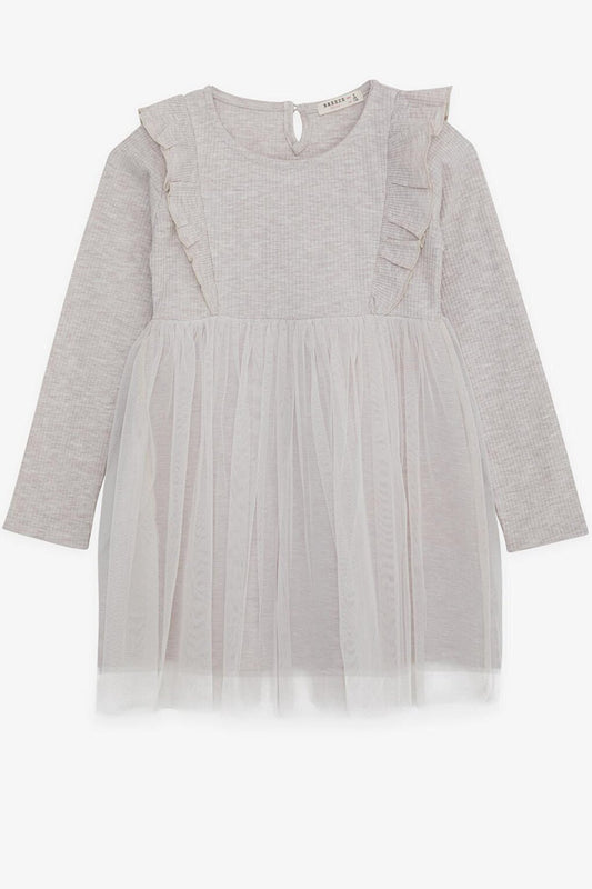 Baby Girl Long Sleeve Dress Ruffle Shoulder Tulle Beige Melange (Age 6)