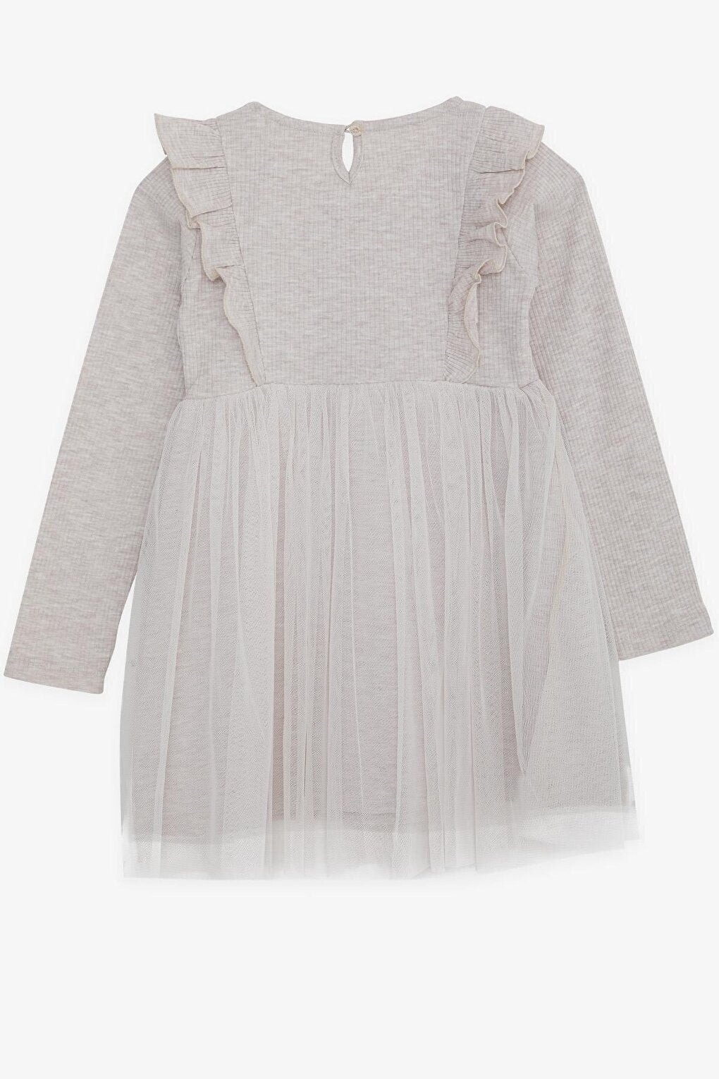 Baby Girl Long Sleeve Dress Ruffle Shoulder Tulle Beige Melange (Age 6)