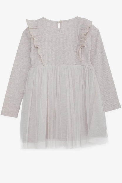 Baby Girl Long Sleeve Dress Ruffle Shoulder Tulle Beige Melange (Age 6)