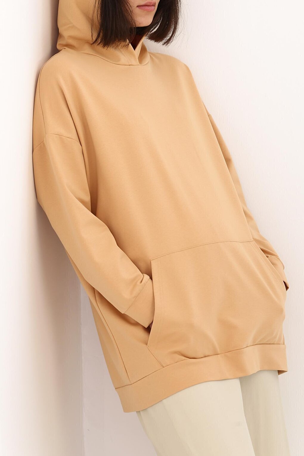 Light Beige Kangaroo Pocket Hooded Sweat Tunic