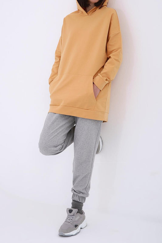 Light Yellow Kangaroo Pocket Hooded Sweat Tunic