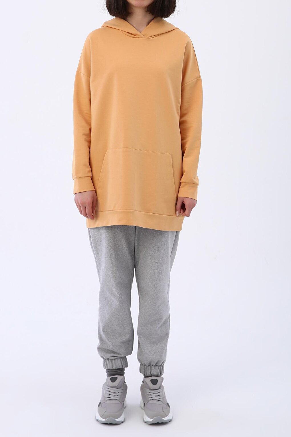 Light Yellow Kangaroo Pocket Hooded Sweat Tunic