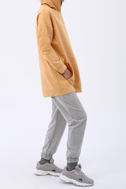 Light Yellow Kangaroo Pocket Hooded Sweat Tunic