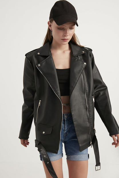 Women's Black Oversize Biker Leather Jacket