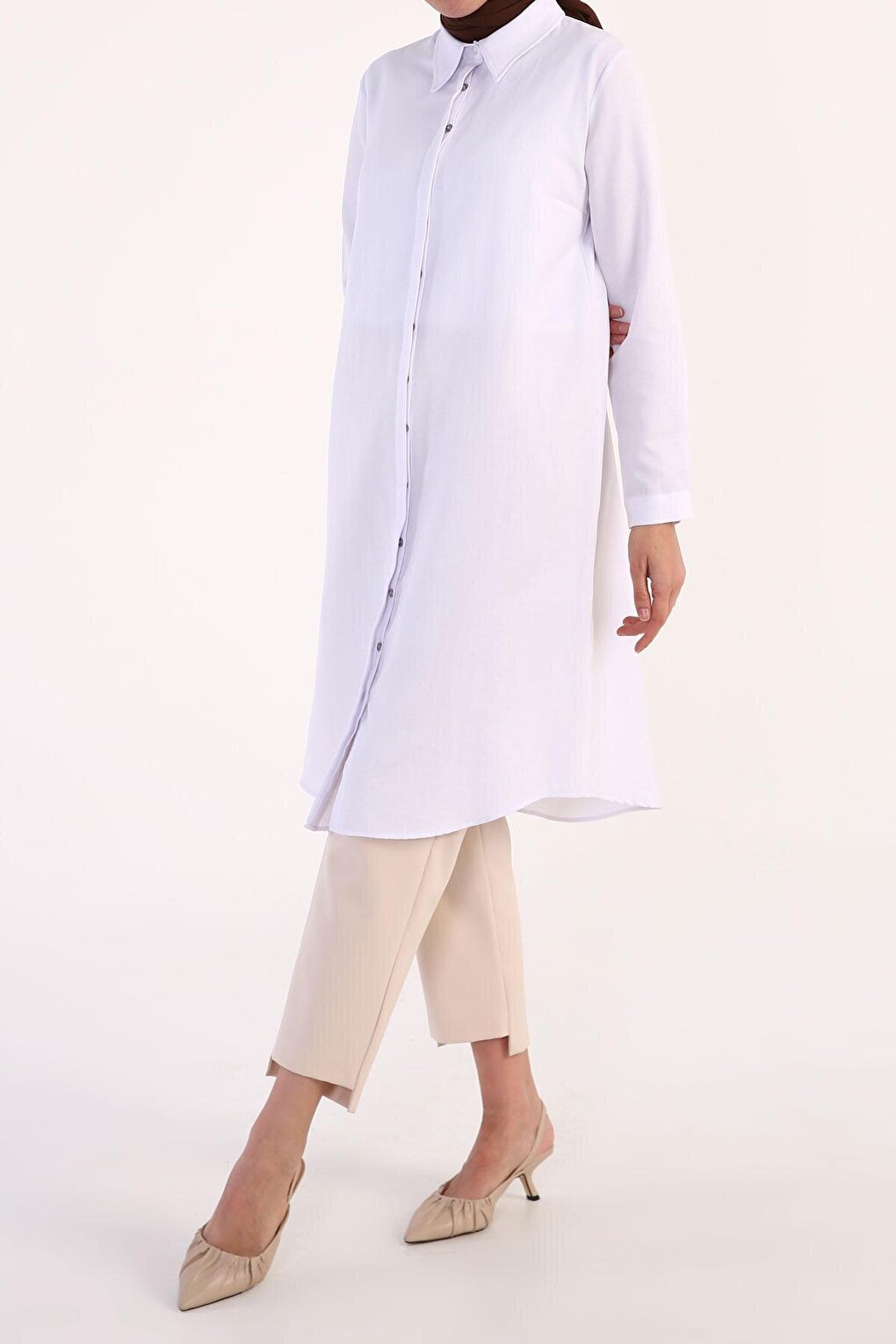 White Basic Hidden Placket Long Shirt