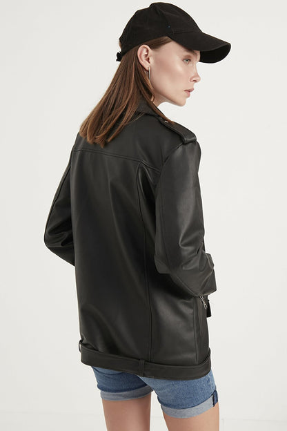 Women's Black Oversize Biker Leather Jacket